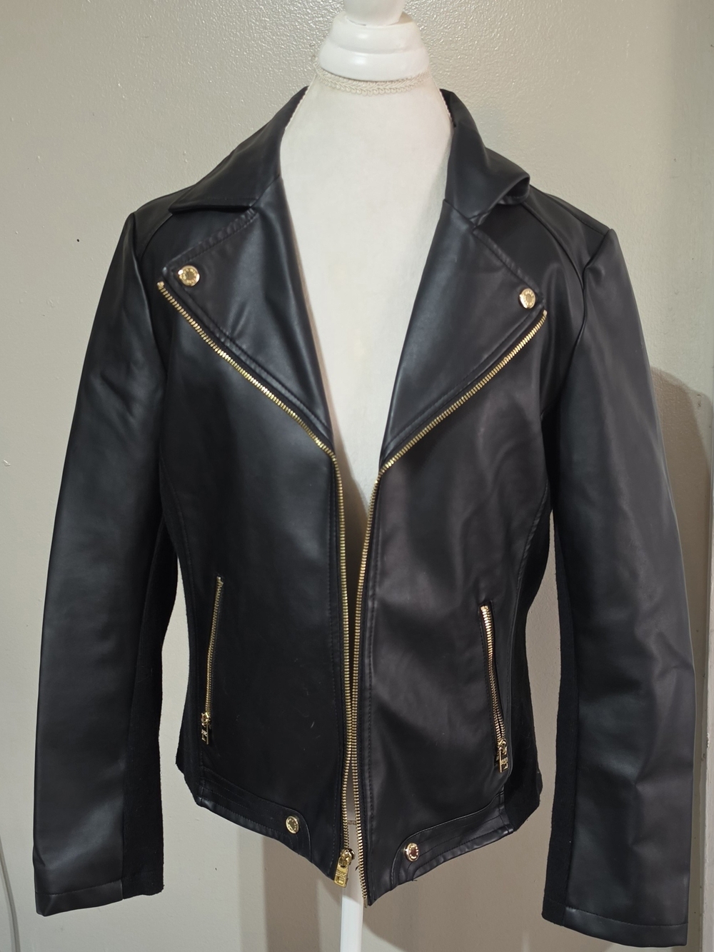 Andrew Marc Womens Black Faux Leather Jacket / Moto Jacket